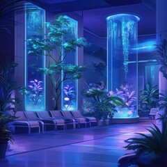 Futuristic Interior Features Plants Growing Inside Illuminated Transparent Cylinders