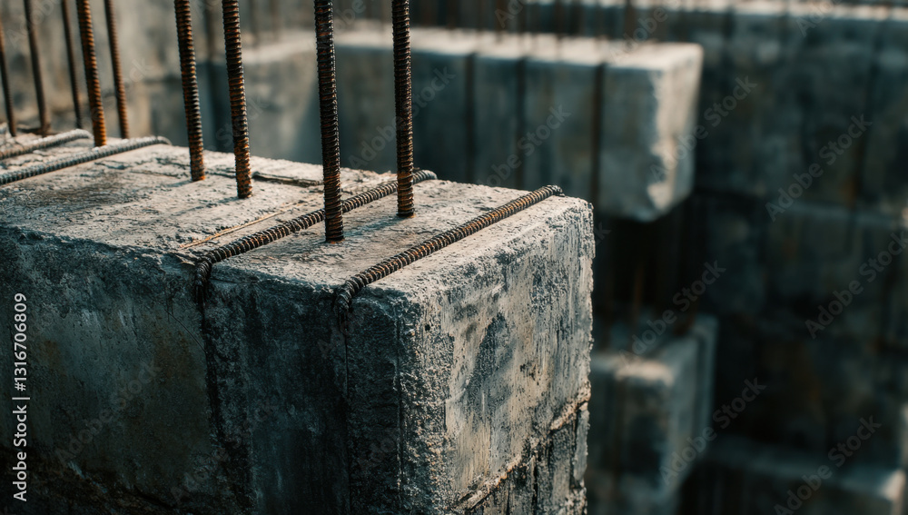 Poster rebar is set into concrete blocks in a corner of a construction site, highlighting the structural de