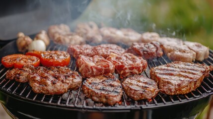 A sizzling barbecue featuring various meats and vegetables grilling on a charcoal grill, surrounded by smoke in an outdoor setting.
