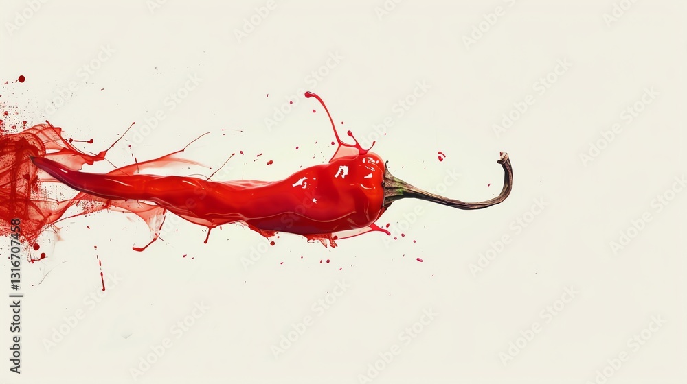 Poster a red chili pepper with a trail of red paint splashes behind it, as if it's exploding.