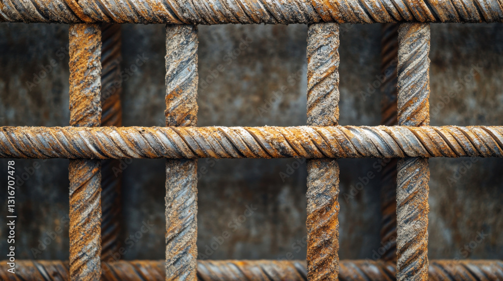 Aufkleber close-up view of weathered steel construction mesh, highlighting rust patterns and texture in an ind