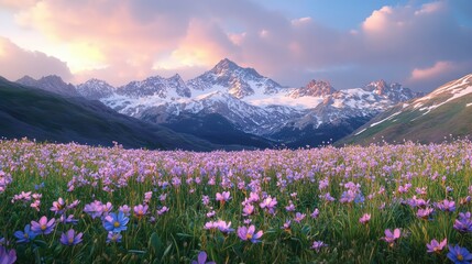 Beautiful natural landscape image of snow-covered mountains and floating clouds under a blue sky, and beautiful spring flowers of various colors and shapes blooming on a green field