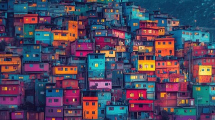 Hillside vibrant houses, night lights, cityscape
