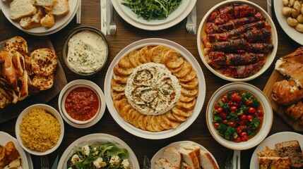 A vibrant spread of various dishes, including dips, salads, meats, and breads, arranged beautifully on a wooden table.