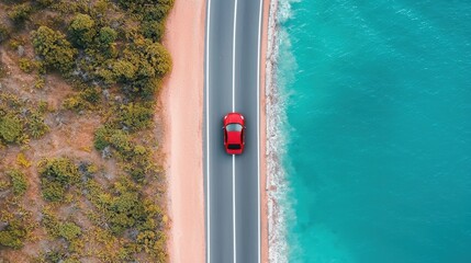 A vibrant red car drives along a scenic coastal road, bordered by lush greenery and clear turquoise waters.