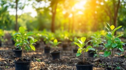 A tranquil image of a small tree nursery with various young trees in pots, basking in sunlight, ready for planting and contributing to a greener environment.