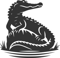 Crocodile resting on a rock with its tail curled vector silhouette