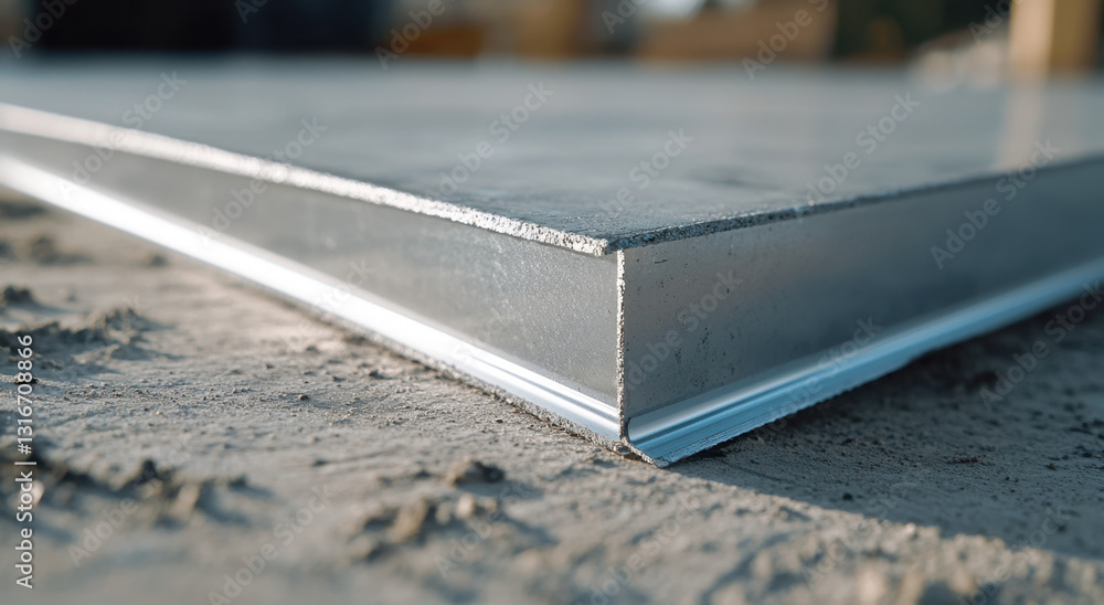 Aufkleber focus on the corner edge of a metallic element resting on a concrete surface, showcasing the transfo