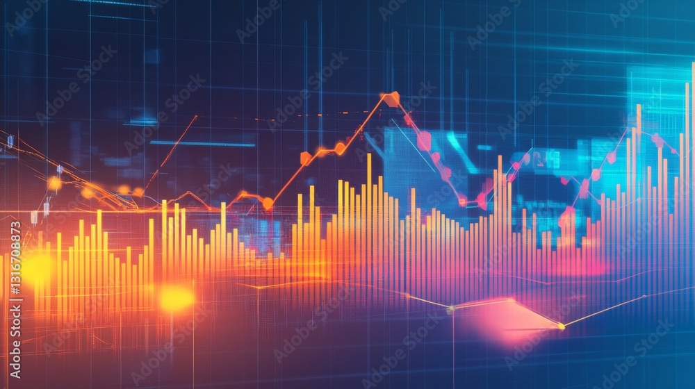 Poster a vibrant line graph showing growth trends with a dynamic background of abstract shapes, representin