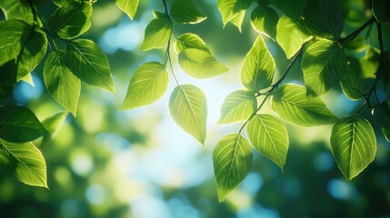 A sentimental natural image of green broadleaf tree leaves illuminated by bright sunlight in the middle of a blue sky.