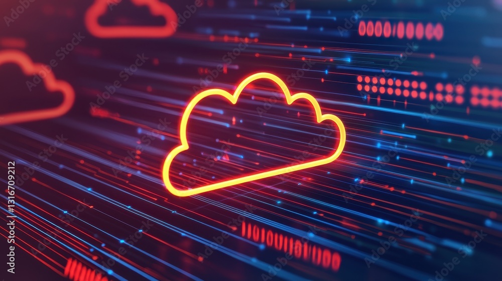 Poster a vibrant digital illustration featuring a stylized cloud icon amidst flowing data streams, symboliz