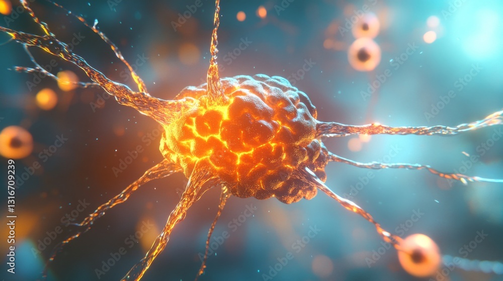 Fototapete A visually striking D rendering of a human brain with glowing synapses and neural connections, set against a gradient background to emphasize its dynamic activity.