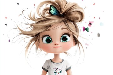Adorable girl with large expressive eyes and a trendy hairstyle smiles joyfully, surrounded by colorful butterflies. Perfect for children's projects and creative designs