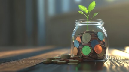 A wooden table with a jar filled with colorful coins and a small plant growing beside it, representing growth and the benefits of saving money.