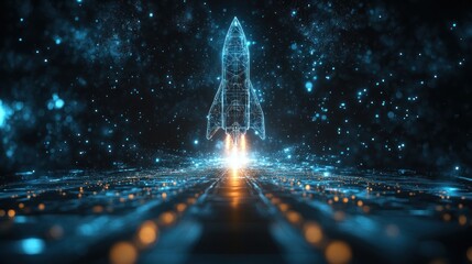 Digital Rocket Launch, Futuristic Startup, Abstract Space Background