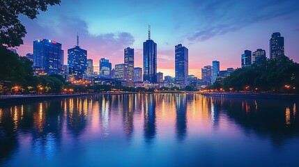 Fototapeta premium Sparkling city skyline reflecting on calm river waters during twilight