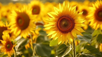 Obraz premium Sunlit sunflower field stretching as far as the eye can see, with bees buzzing around