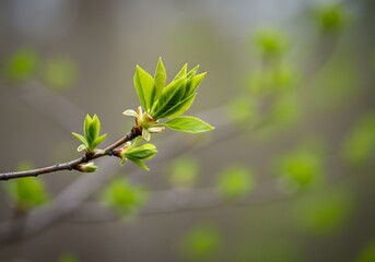 New Spring Growth Fresh Green Leaves Emerging on a Tree Branch