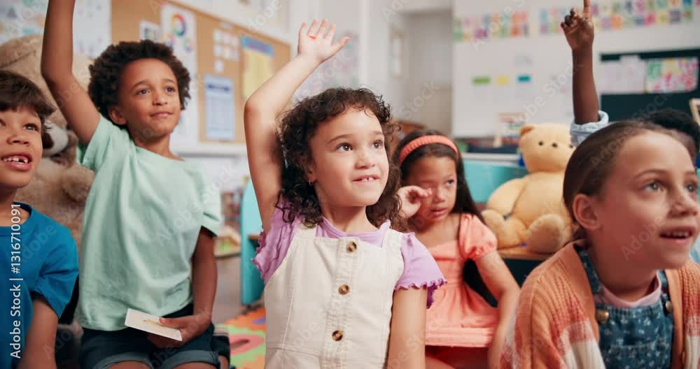 Poster education, answer and group of children, growth and development with questions in classroom or schoo
