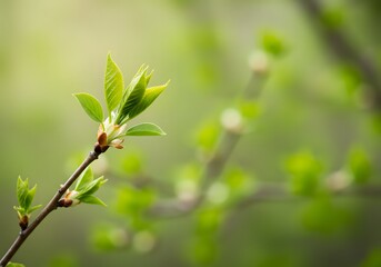 Emerging Spring Leaves on Branch Macro with Soft Green Background