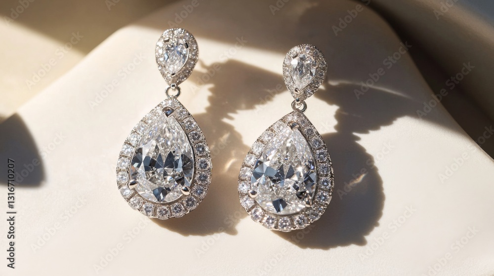 Poster close-up of intricate diamond drop earrings resting on a white background, highlighting the sparklin