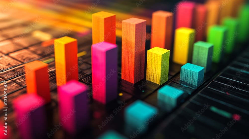 Aufkleber Close-up view of a colorful D bar chart with varying heights and widths, casting shadows on a textured surface, providing depth to the data presentation.