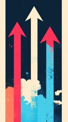 Fototapeta premium Three upward arrows of different colors against a dark background