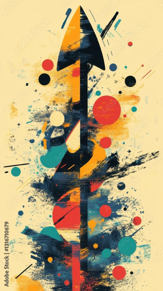 Poster an abstract arrow composition with brushstrokes and colorful shapes