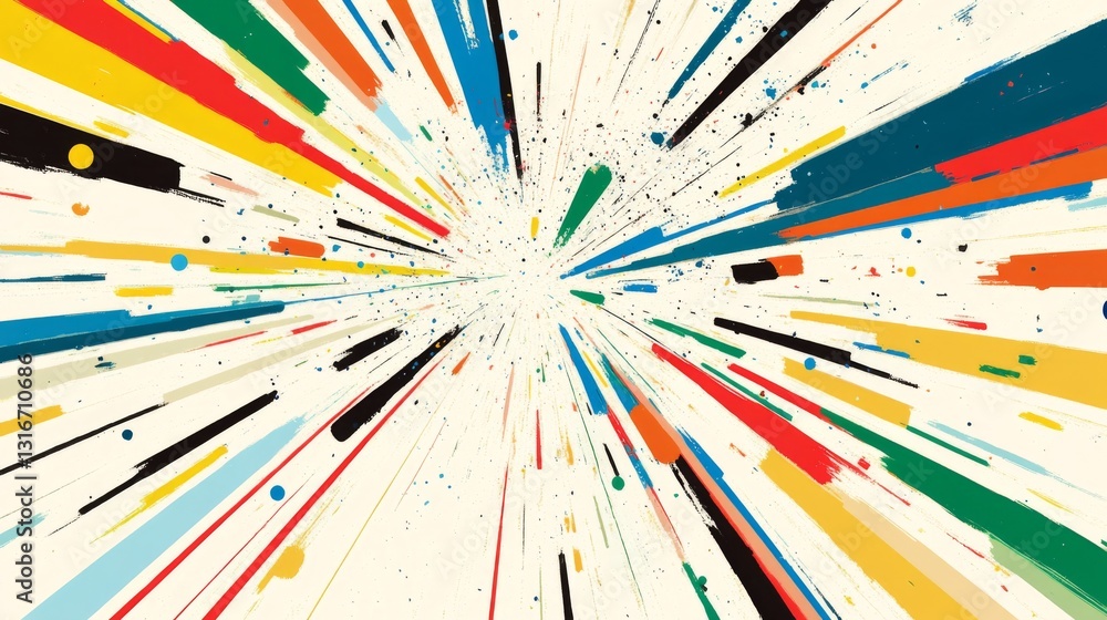 Poster colorful splashes of lines radiating outward in a dynamic pattern, evoking energy and movement again