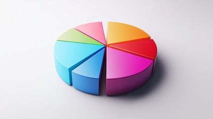 Fototapeta premium Colorful pie chart segmented into sections on a plain white background, sleek and modern, ideal for data visualization.