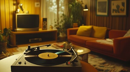 Vintage vinyl records spinning on a turntable, with a cozy living room in the background