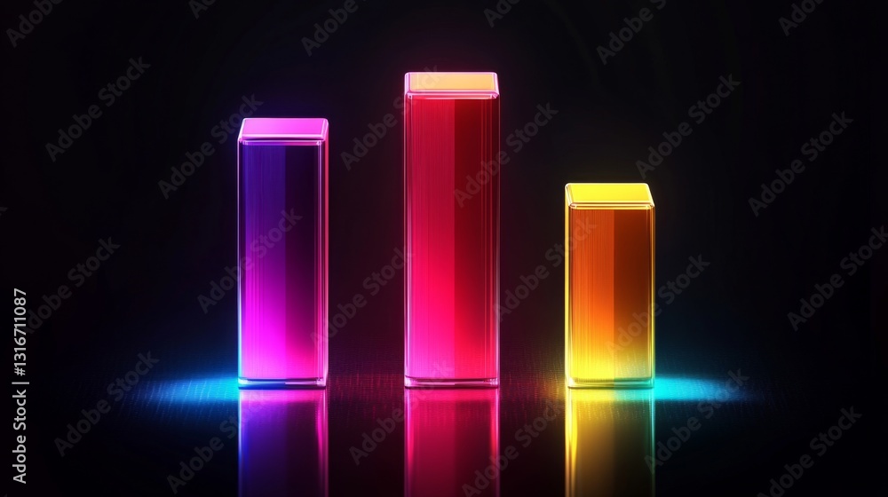 Poster Futuristic D bar graph with glowing edges and a rotating effect, showcasing data in an engaging way on a dark background, perfect for tech-related concepts.