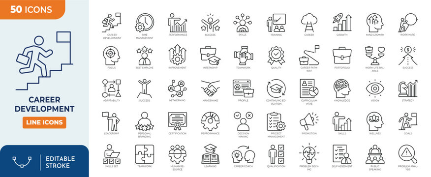 Career Development Line Editable Icons set. Containing skills, practice, knowledge, training, mentorship, networking, personal branding, goal setting, job rotation, and more. vector illustration