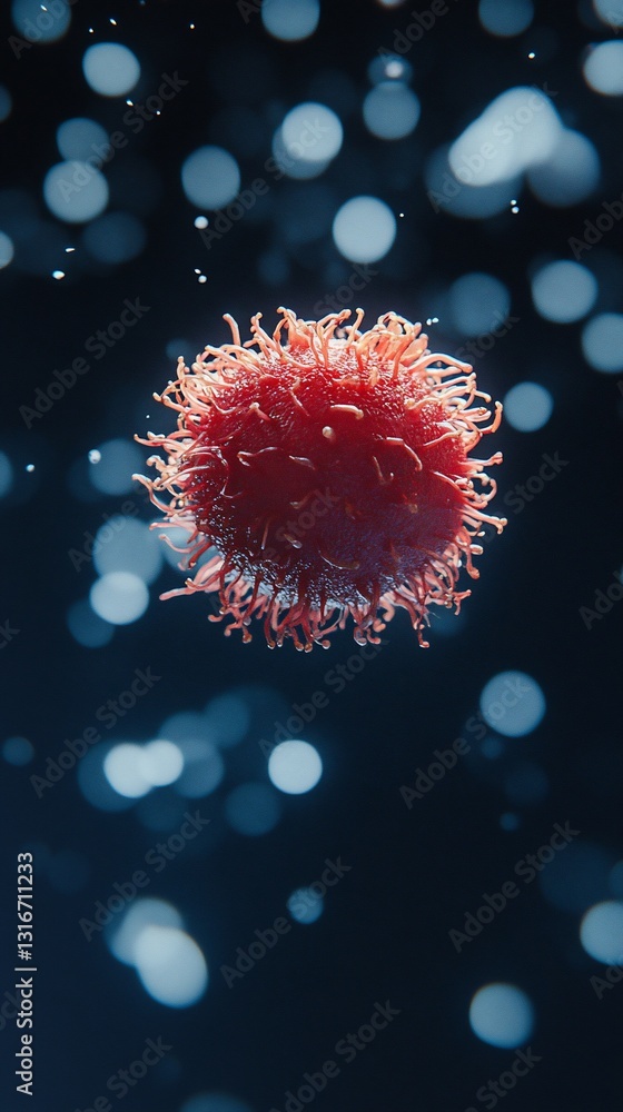 Poster cell image textured red object floating with blurred white lights on dark background