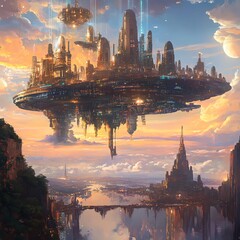 Fototapeta premium A breathtaking digital painting of a futuristic, floating city suspended in the clouds above a mystical landscape. Utopian architecture and vibrant sunset.