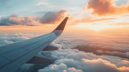 Obraz premium Airplane Wing Over Clouds at Sunset