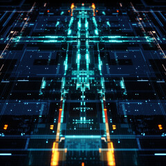 Futuristic digital circuit board with glowing blue and orange lights. Symmetrical, high-tech design evokes an advanced AI or data network. Ideal for technology themes
