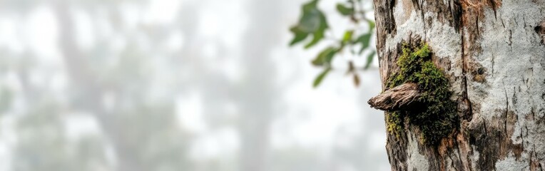 Tall tree trunk with moss close-up