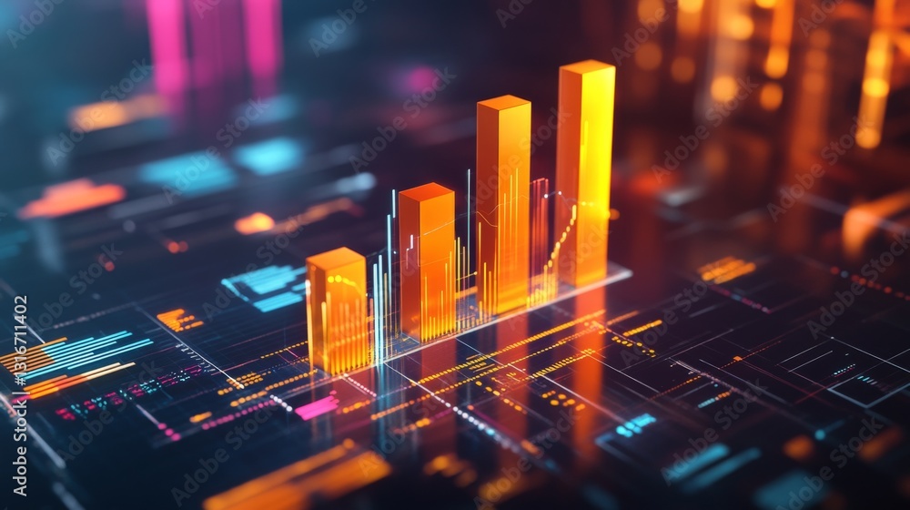 Poster interactive d bar graph with dynamic colors and heights, positioned on a glass table, surrounded by 