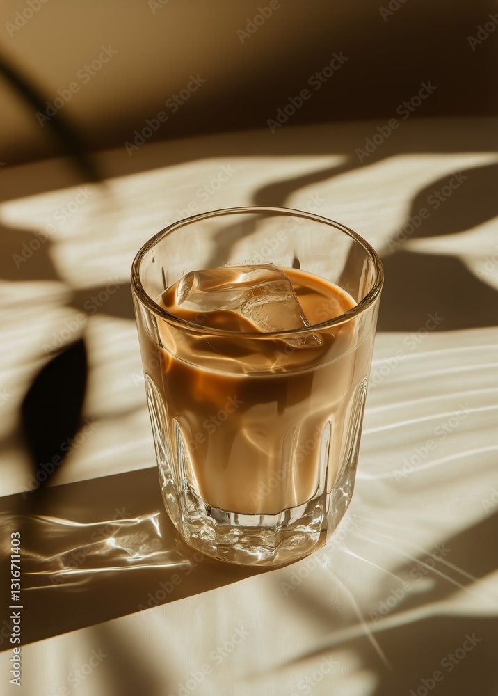 Poster glass of iced drink on table with shadows and sunlight creating an ambient atmosphere