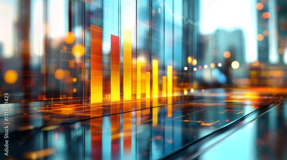 Fototapete interactive d bar graph with dynamic colors and heights, positioned on a glass table, surrounded by 