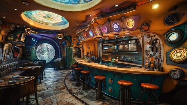 Whimsical, eclectic bar interior.  Unique design, colorful decor, and quirky details create a fantastical atmosphere. Perfect for themed events or artistic projects.