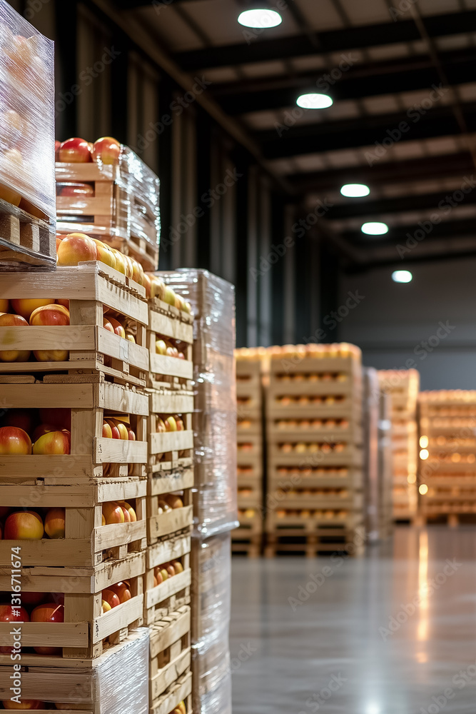 Aufkleber in a well-lit warehouse, minimalist wooden crates overflow with shiny apples, forming colorful stack