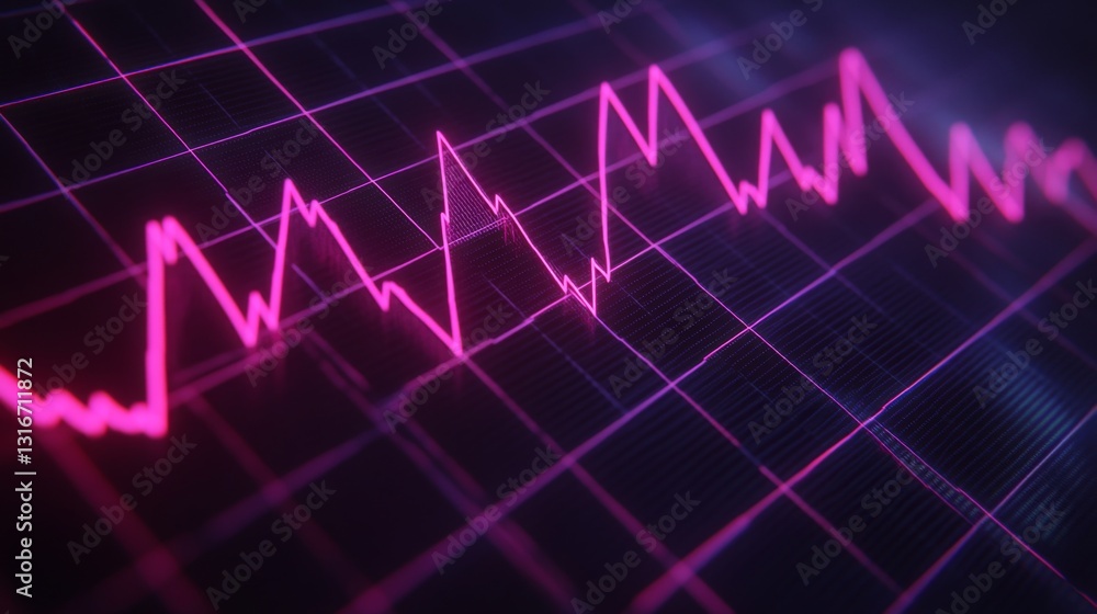 Poster line graph with peaks and troughs, showing fluctuating data, on a dark grid with glowing neon lines 