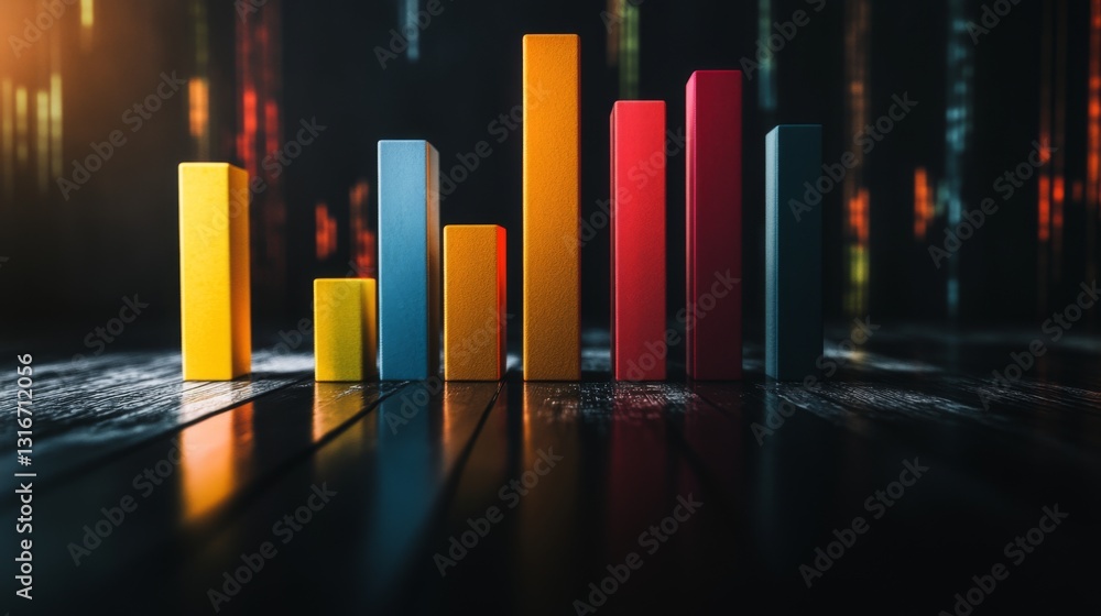 Poster multi-colored d bar chart displaying data trends over time, placed on a sleek black background, emph