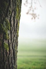 Obraz premium Moss-covered tree trunk in fog