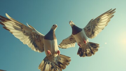 Obraz premium Pair of doves flying gracefully against a clear blue sky, wings outstretched, symbolizing freedom and harmony in nature.
