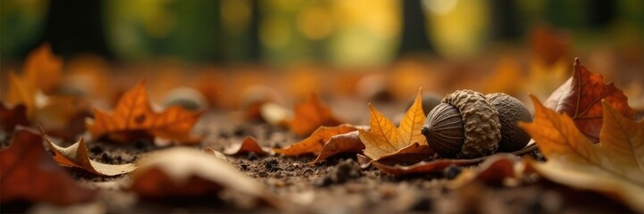 Acorns scattered on a forest floor amidst fallen leaves, fall, nature