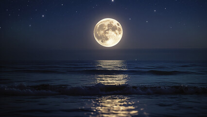 Majestic full moon reflecting on the ocean at night, creating a dreamy and serene atmosphere. Perfect for desktop backgrounds and night sky lovers