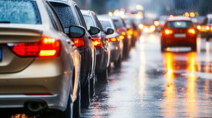Rows of cars stuck in traffic on an urban street, headlights reflecting on wet pavement during a rainy evening, gloomy and dense atmosphere.